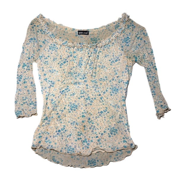 Wet Seal Tops - Wet Seal Cream and Blue Floral Blouse